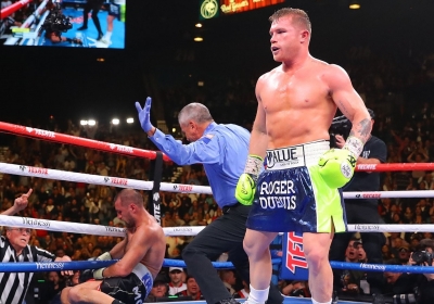 Canelo Alvarez sends Sergey Kovalev onto the ground