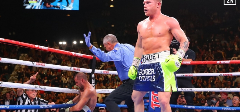 Canelo Alvarez sends Sergey Kovalev onto the ground